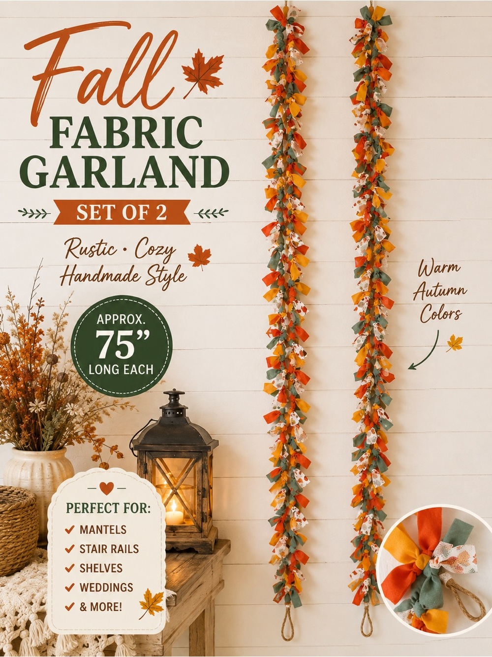 Fall Fabric Garland Set of 2 Rustic Autumn Decor 75 Inch